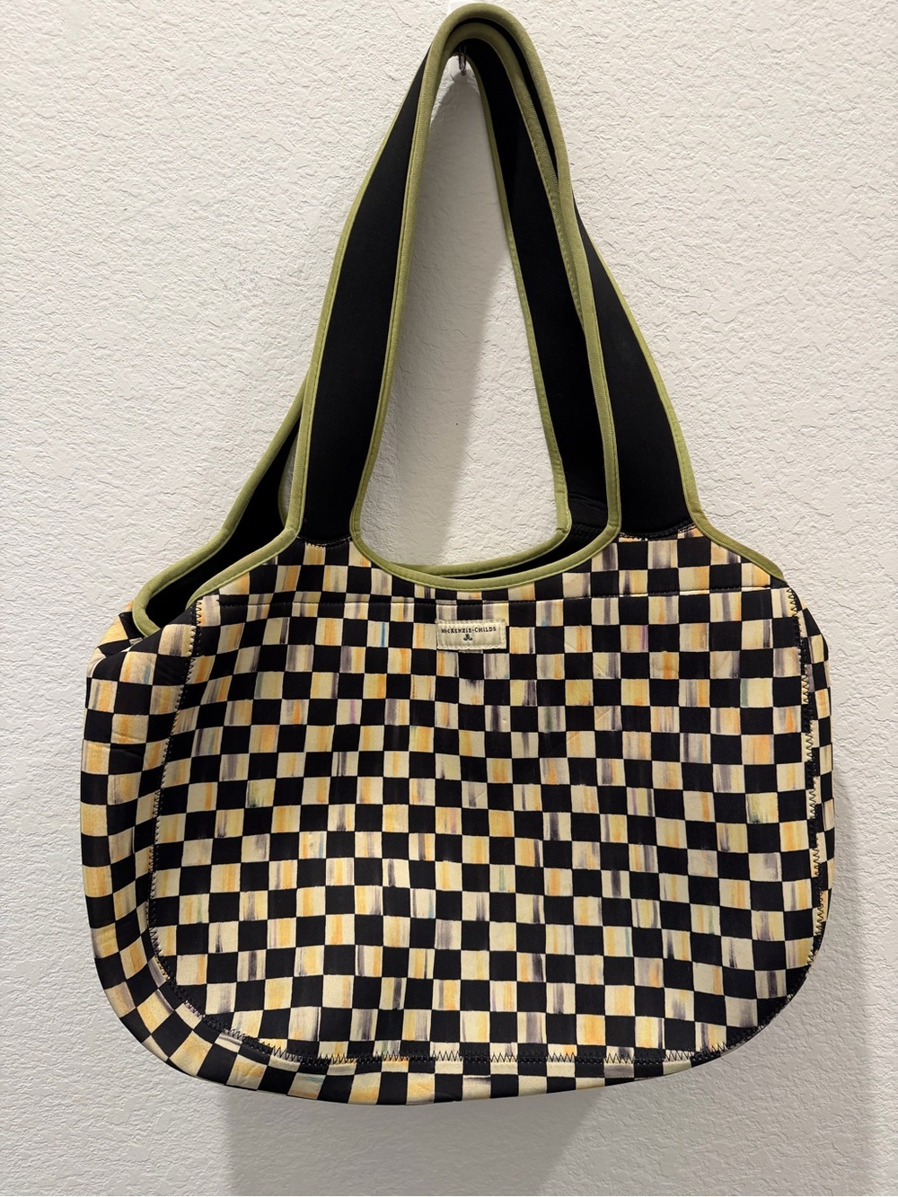 MacKenzie-Childs Checkerboard Neoprene Tote Bag Black Cream Green Zip